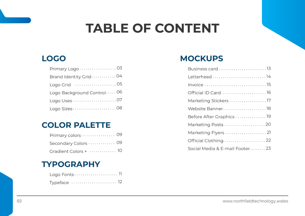Northfield technology branding design and brand guidelines, table of content