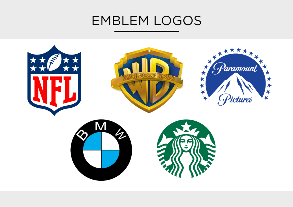 Types of Logos What Works Best in Today's Market Emblame logo design, WB logo, Paramount logo, NFL Logo, BMW Logo, Starbucks logo