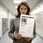 A white lady is showing a leaflet with heading white space in design or white space in graphic design