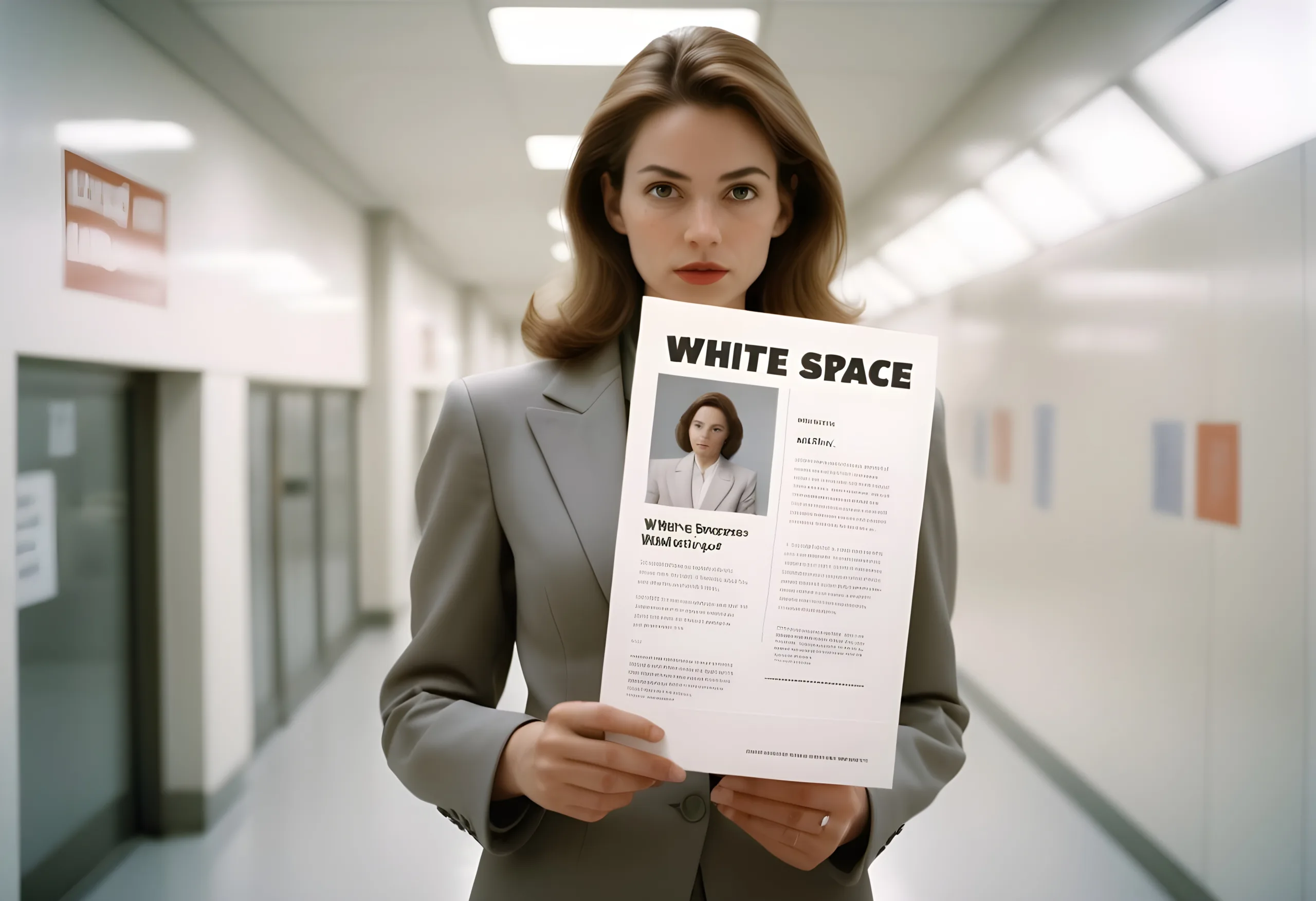 A white lady is showing a leaflet with heading white space in design or white space in graphic design