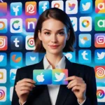 A hot girl is showing various types of pictorial logos and two well known brands, Apple and Twitter logo icon in her hand