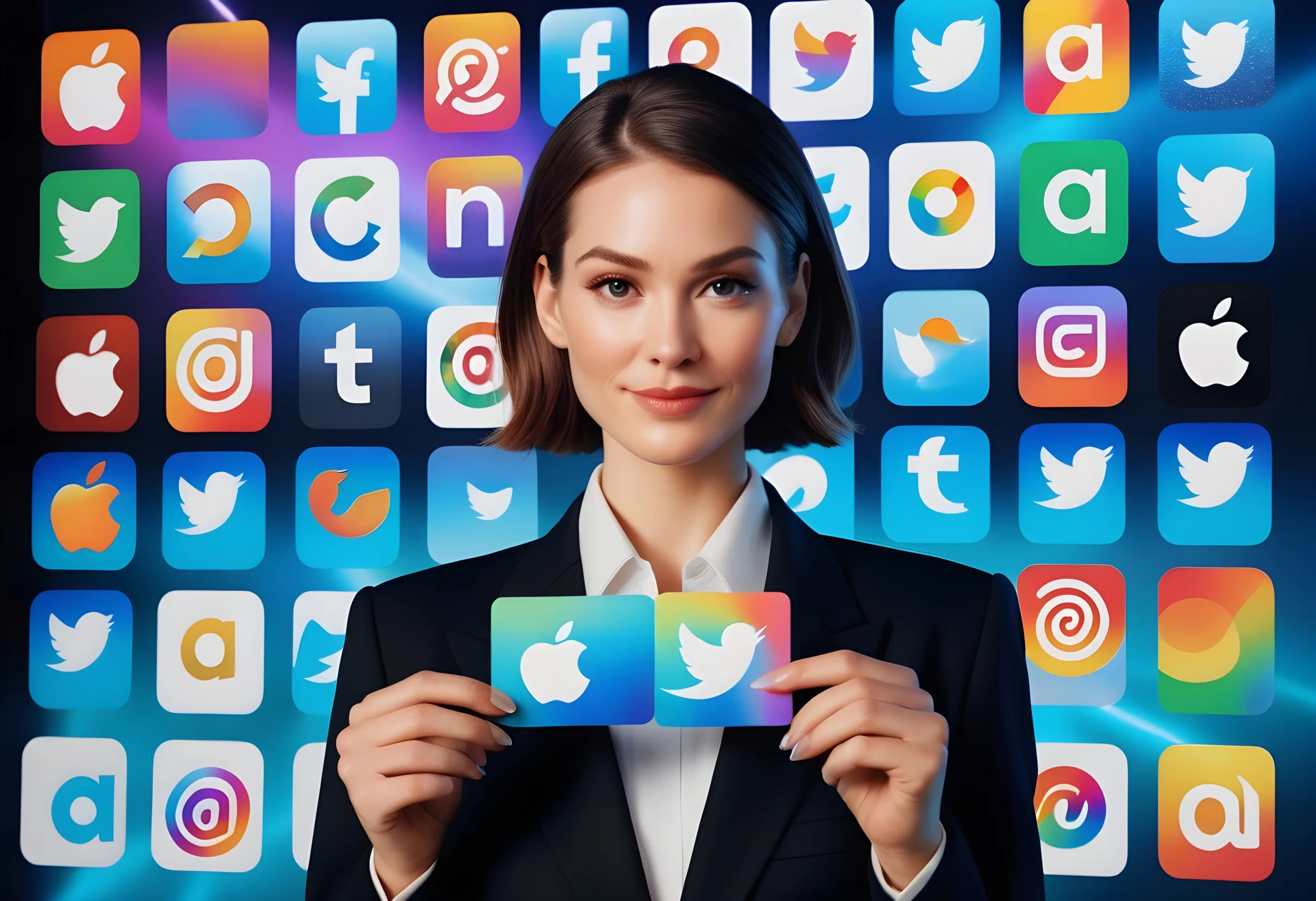 A hot girl is showing various types of pictorial logos and two well known brands, Apple and Twitter logo icon in her hand