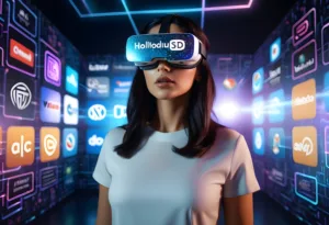 a hot lady is watching various types of logos srounding her via VR