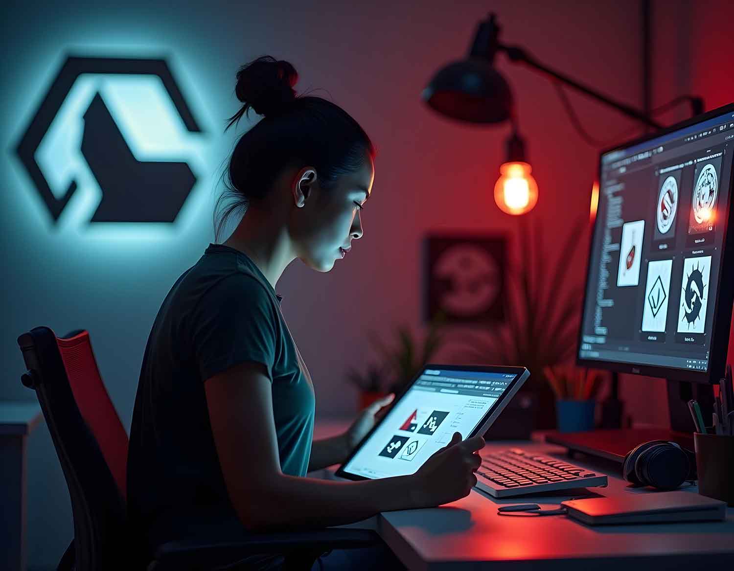 a girl is designing logos. Doing the logo design services using tabs and computer, night theme