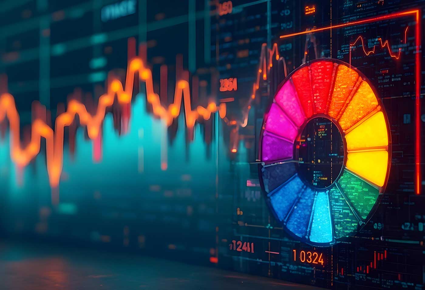 Chart illustrating the psychological impact of colors in marketing strategies. With a color wheel and business graph